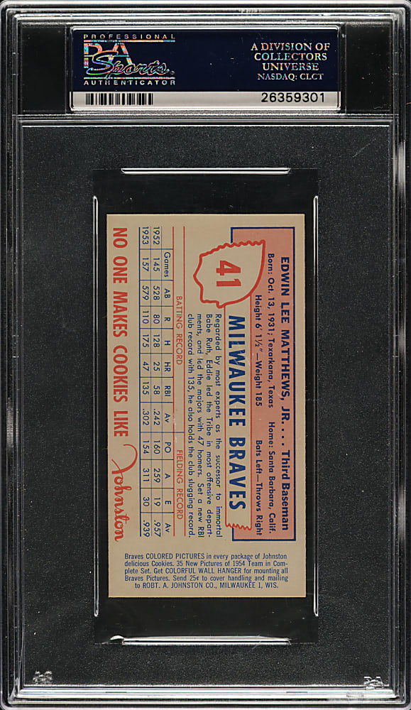 1954 Johnston Cookies #41 Ed Mathews PSA GEM MINT 10 - 1 of 2!