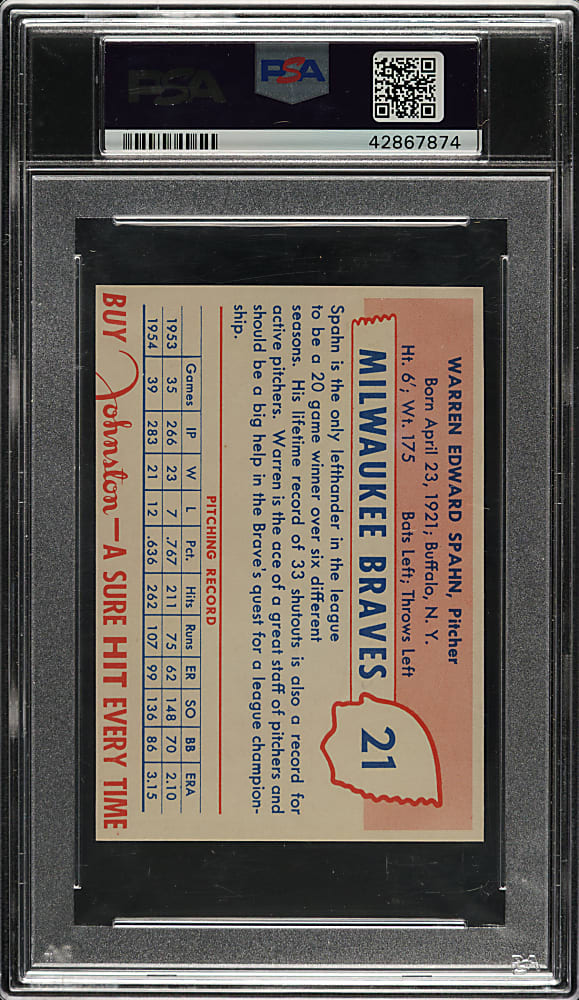 1955 Johnston Cookies #21 Warren Spahn PSA MINT 9 - 1 of 2 - Highest Graded!