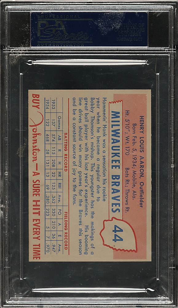 1955 Johnston Cookies Braves #44 Hank Aaron PSA MINT 9 - Highest Graded!
