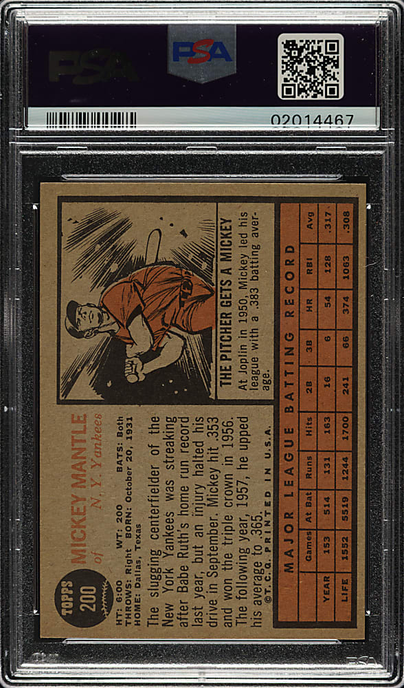 1962 Topps #200 Mickey Mantle PSA NM-MT 8