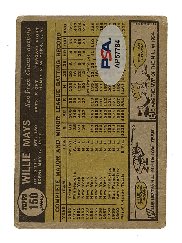 Signed 1961 Topps #150 Willie Mays - PSA/DNA