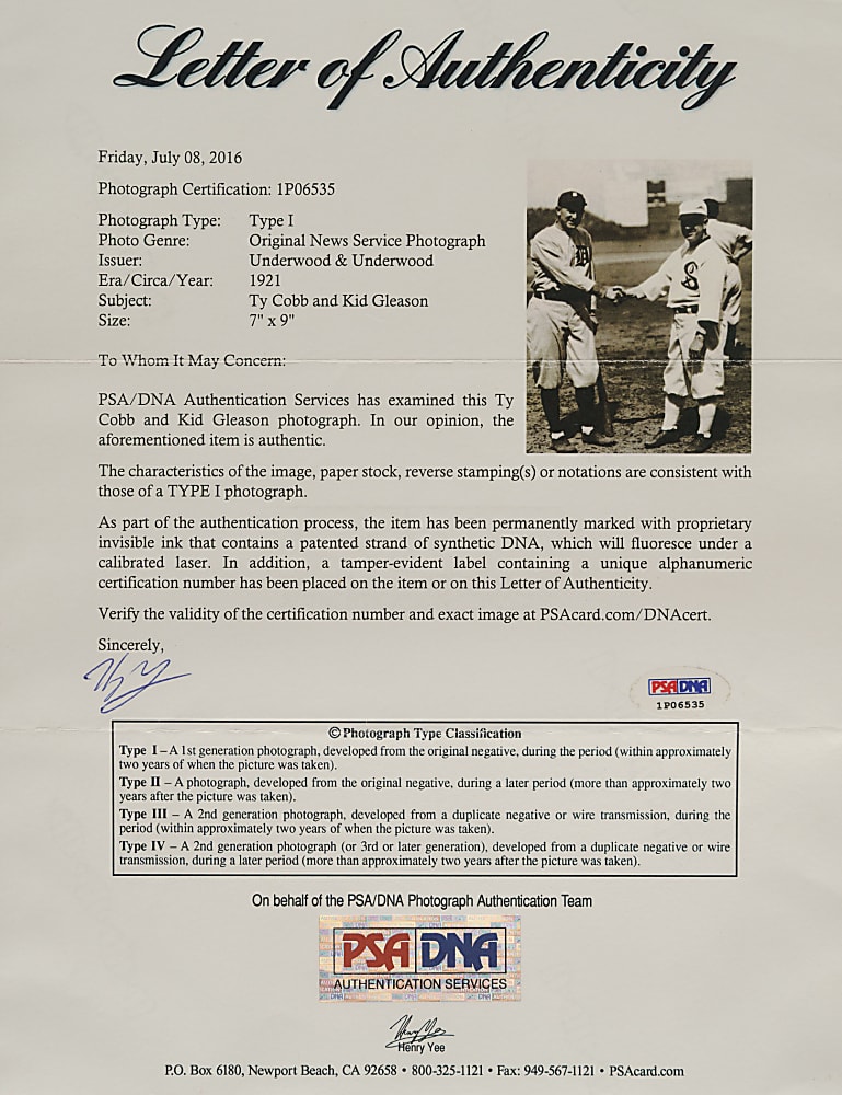 1921 Ty Cobb and Kid Gleason Original Underwood & Underwood Photograph PSA/DNA Type I