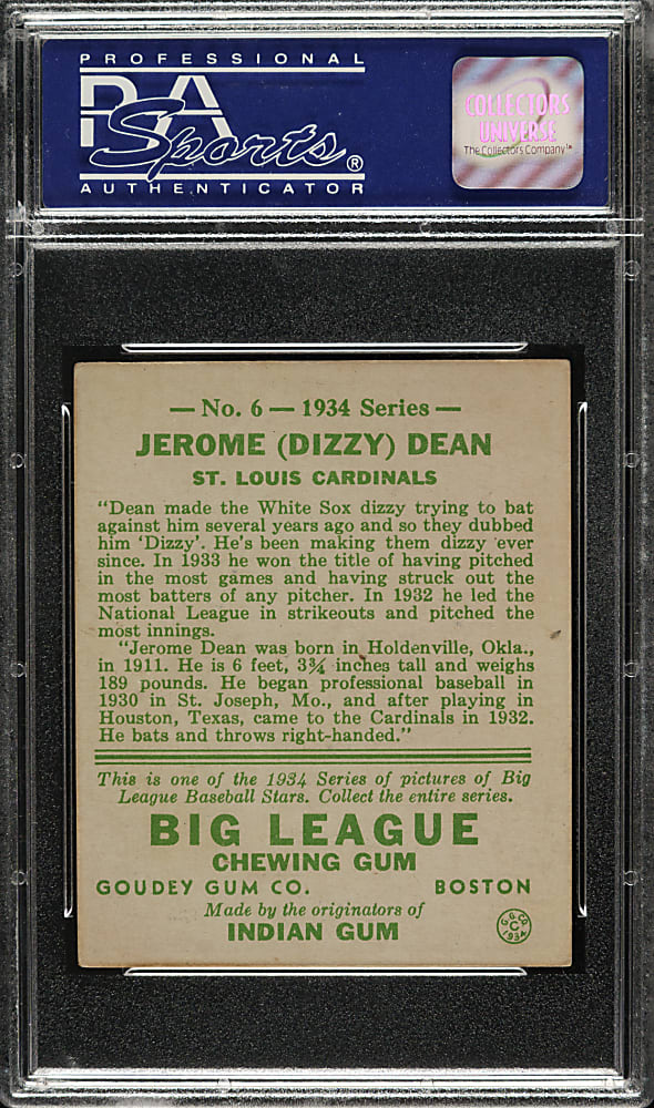 1934 R320 Goudey #6 Dizzy Dean PSA EX-MT 6