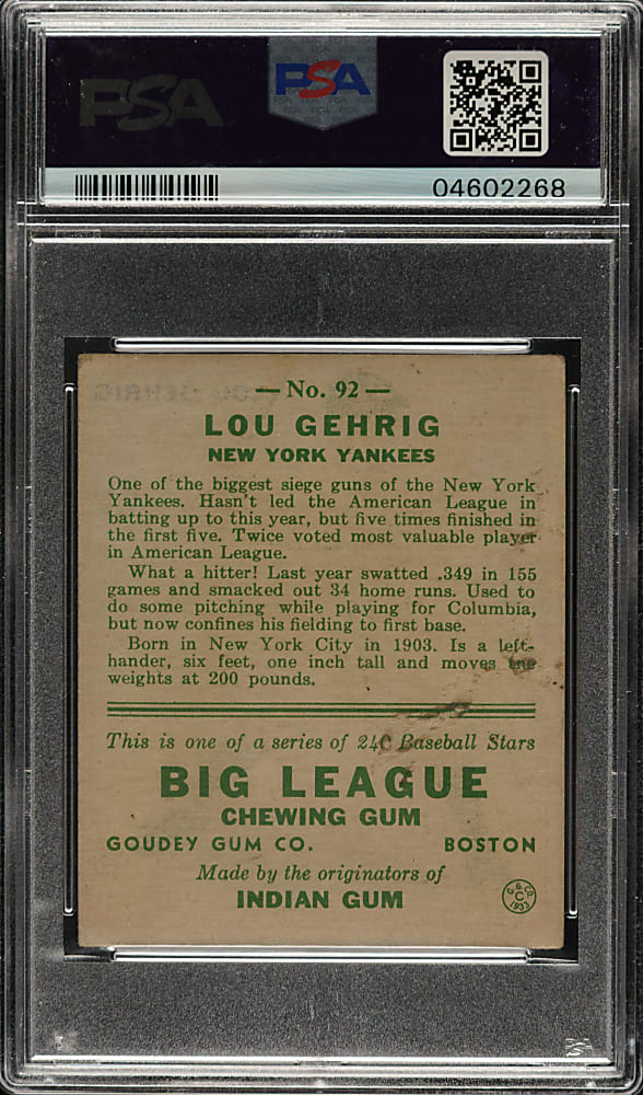 1933 R319 Goudey #92 Lou Gehrig PSA VG-EX 4