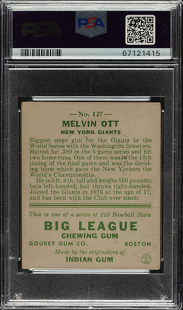 1933 R319 Goudey #127 Mel Ott PSA VG 3