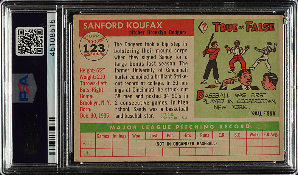 1955 Topps #123 Sandy Koufax Rookie PSA EX-MT 6