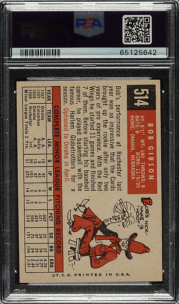 1959 Topps #514 Bob Gibson Rookie PSA NM 7