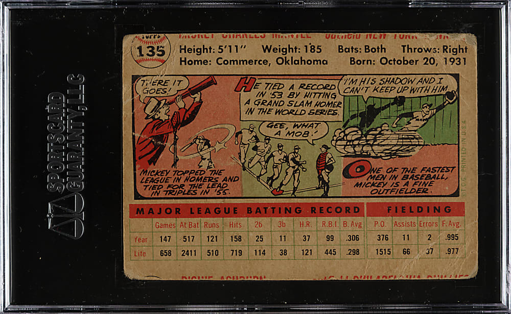 1956 Topps #135 Mickey Mantle White Back SGC POOR 10
