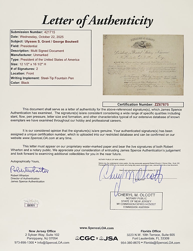 1871 Ulysses S. Grant Signed Appointment - JSA
