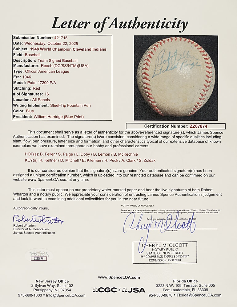 1948 World Champions Cleveland Indians Team-Signed Baseball with Satchel Paige, Larry Doby, and Bob Feller - JSA