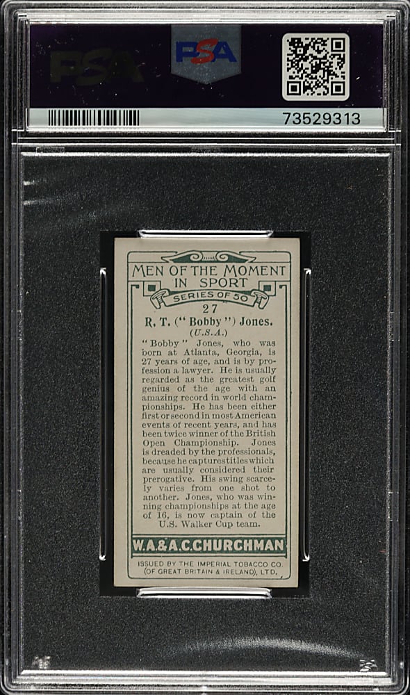 1928 W. A. & A. C. Churchman "Men Of The Moment In Sport" (Small) #27 Bobby Jones PSA NM-MT 8