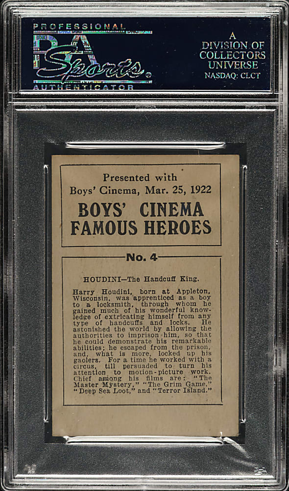 1922 Boys' Cinema "Famous Heroes" #4 Harry Houdini PSA EX-MT 6