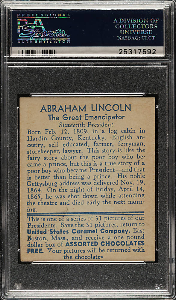 1932 R114 U.S. Caramel "Presidents" Abraham Lincoln PSA NM 7