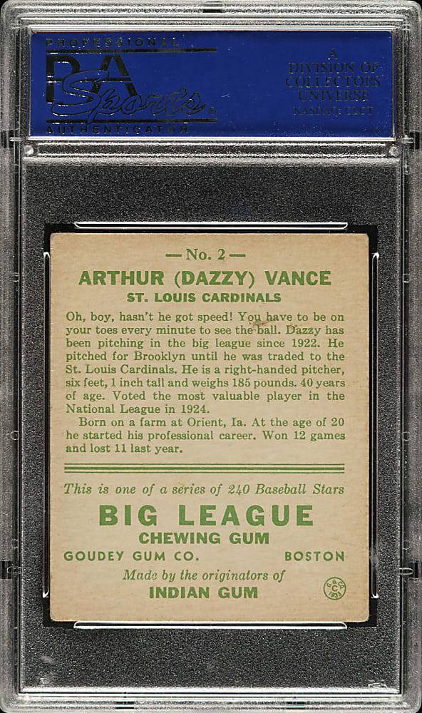 1933 R319 Goudey #2 Dazzy Vance PSA EX 5