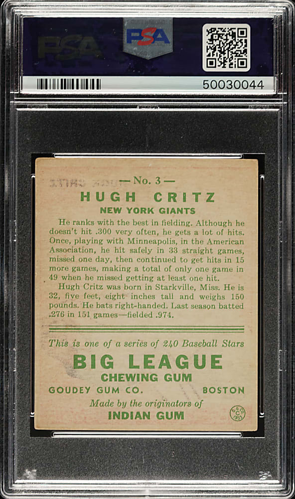 1933 R319 Goudey #3 Hugh Critz PSA EX 5