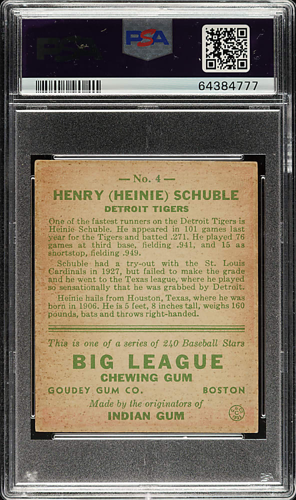 1933 R319 Goudey #4 Heinie Schuble PSA EX-MT 6