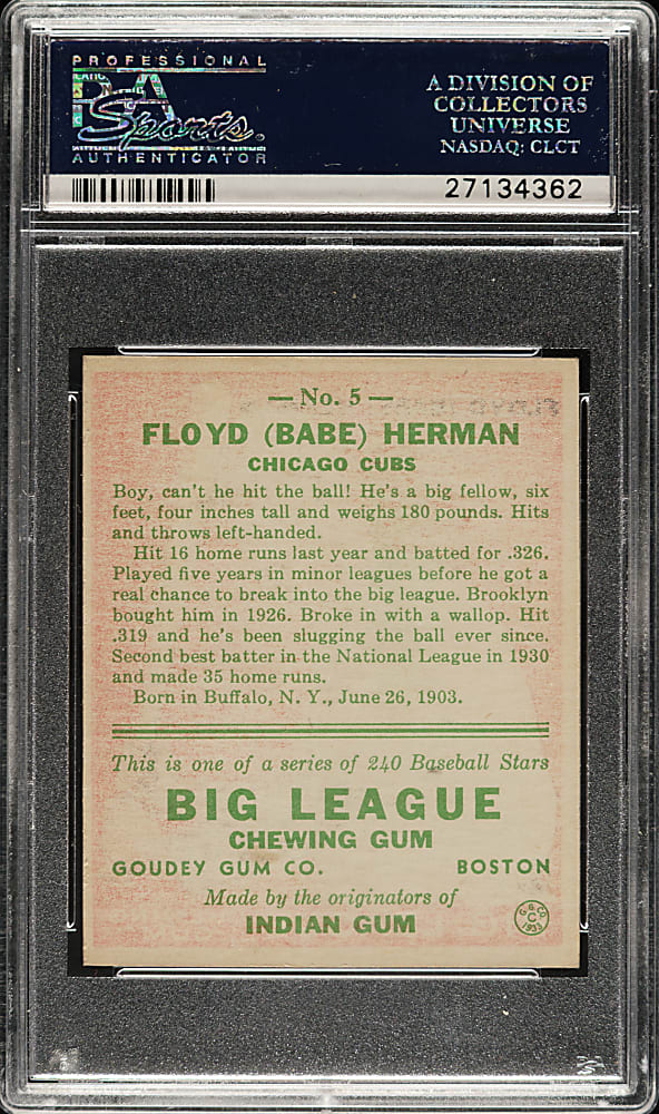 1933 R319 Goudey #5 Babe Herman PSA NM 7