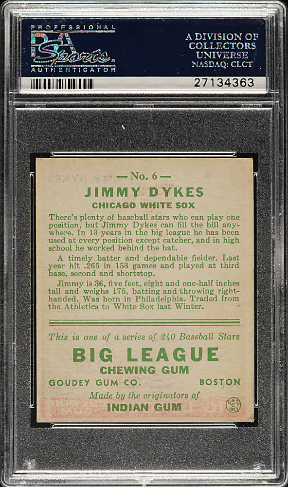 1933 R319 Goudey #6 Jimmy Dykes (Age is 36 in Bio) PSA NM 7