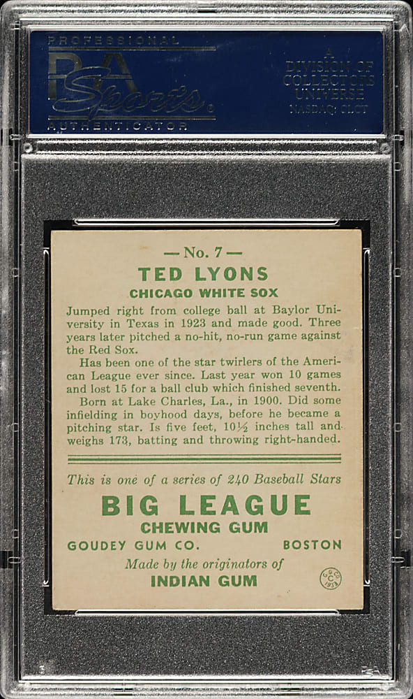 1933 R319 Goudey #7 Ted Lyons PSA EX-MT 6