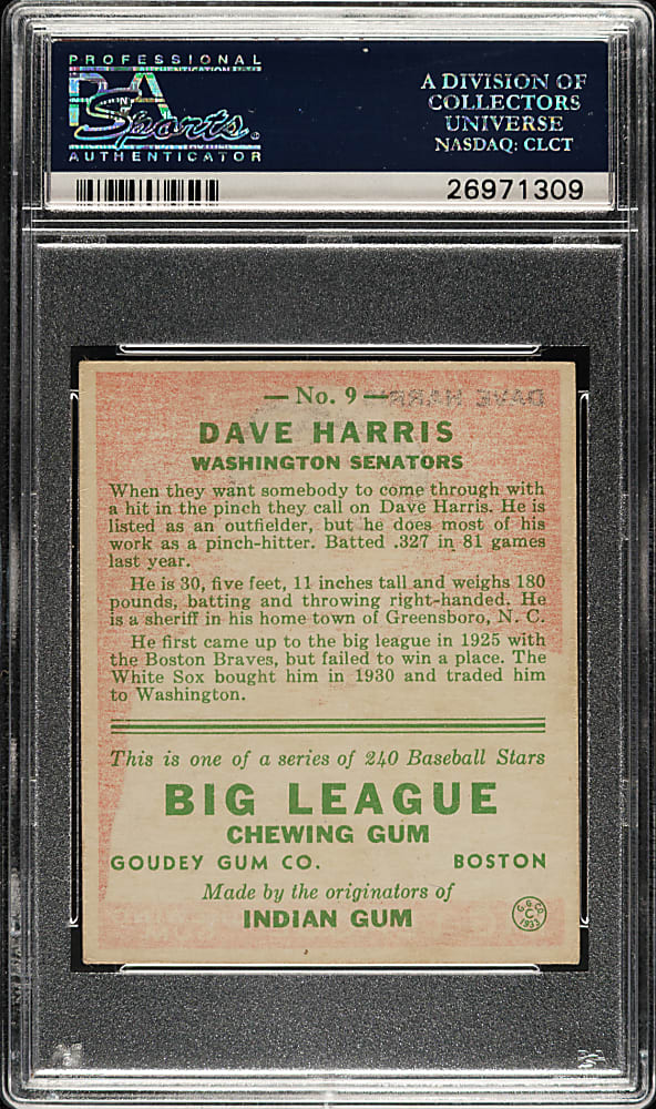 1933 R319 Goudey #9 Dave Harris PSA EX 5