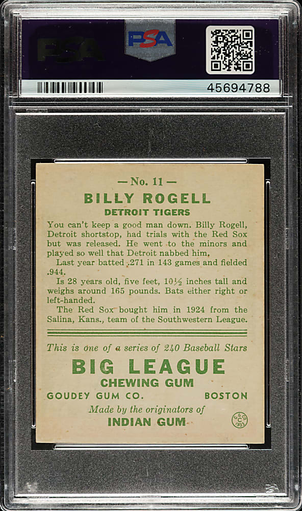 1933 R319 Goudey #11 Billy Rogell PSA NM 7