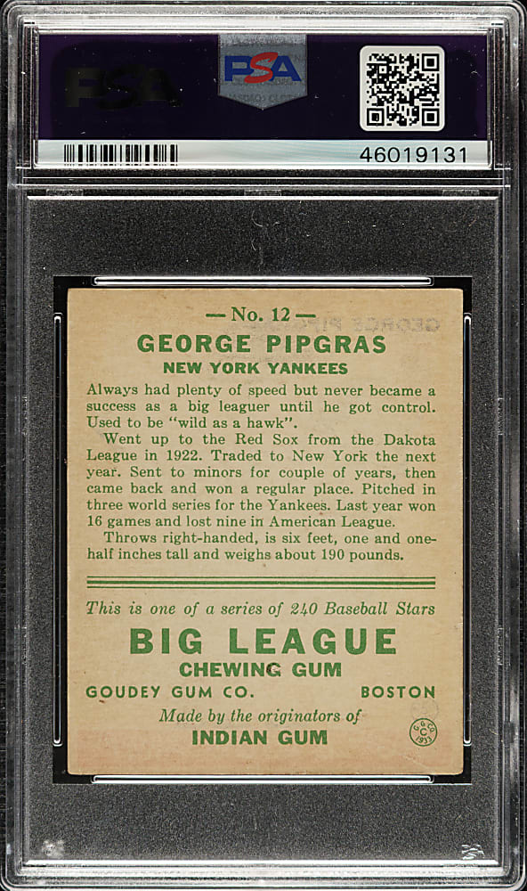 1933 R319 Goudey #12 George Pipgras PSA EX 5