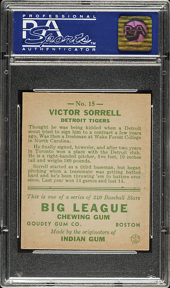1933 R319 Goudey #15 Victor Sorrell PSA EX-MT 6