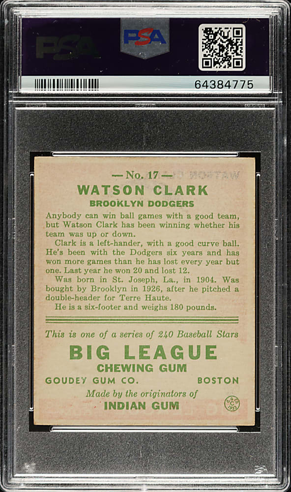 1933 R319 Goudey #17 Watson Clark PSA EX-MT 6