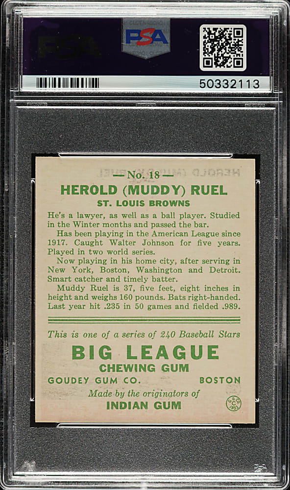 1933 R319 Goudey #18 Muddy Ruel PSA NM 7