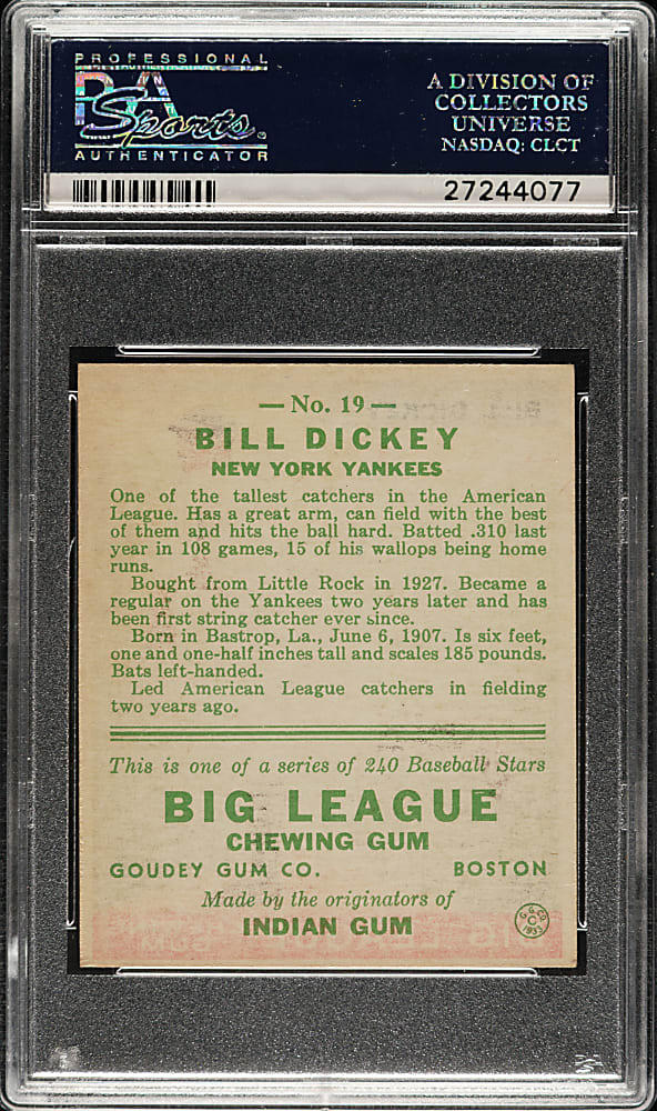 1933 R319 Goudey #19 Bill Dickey PSA EX-MT 6