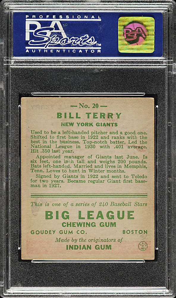 1933 R319 Goudey #20 Bill Terry PSA EX-MT 6