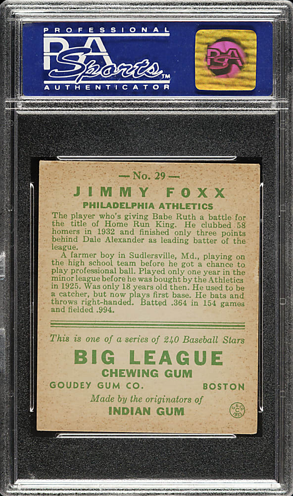 1933 R319 Goudey #29 Jimmie Foxx PSA EX-MT 6