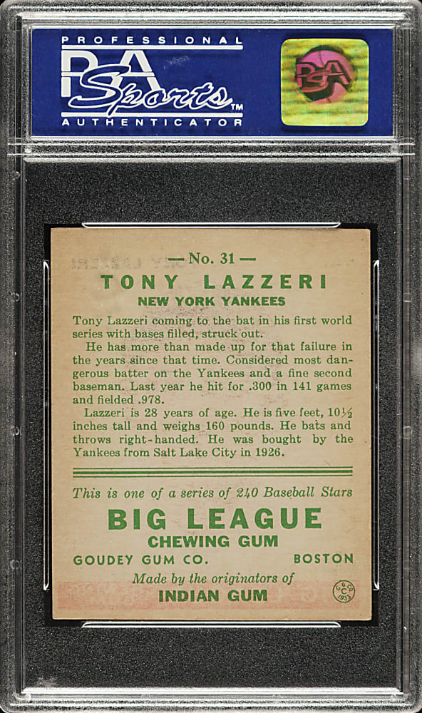 1933 R319 Goudey #31 Tony Lazzeri PSA NM 7