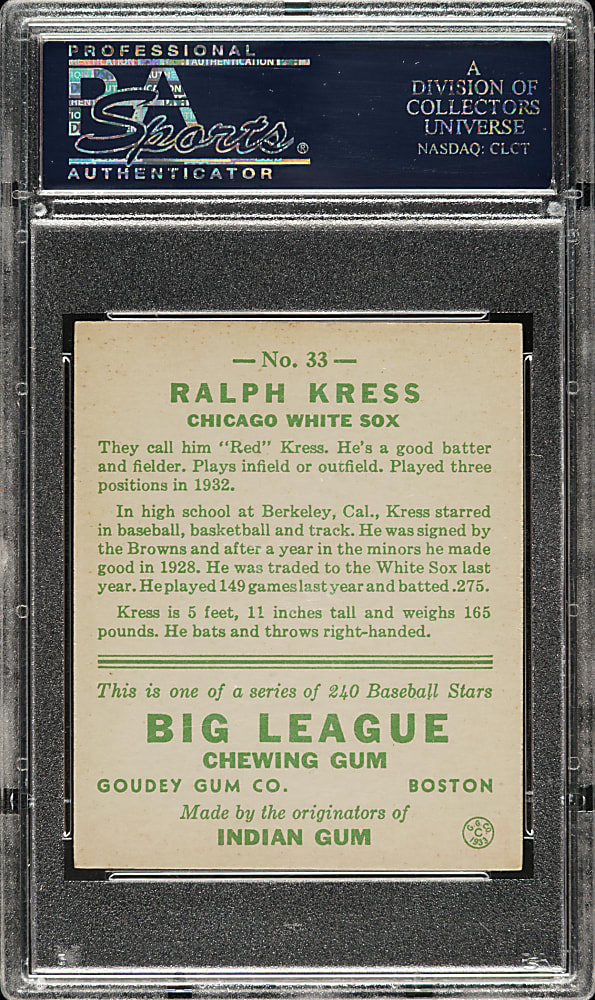 1933 R319 Goudey #33 Ralph Kress PSA EX-MT 6