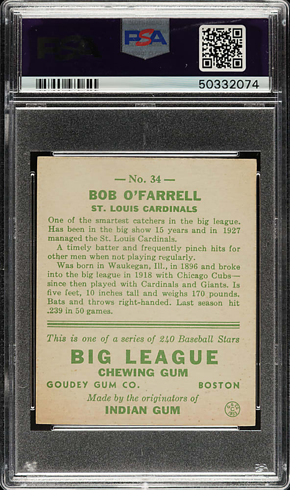 1933 R319 Goudey #34 Bob O'Farrell PSA EX-MT 6