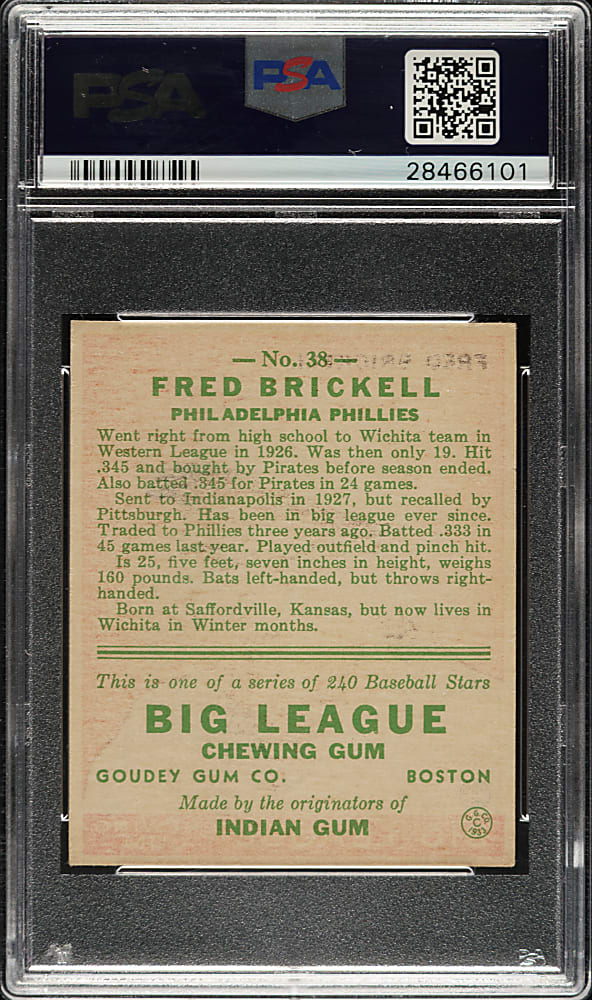 1933 R319 Goudey #38 Fred Brickell PSA EX-MT+ 6.5