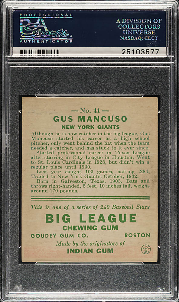 1933 R319 Goudey #41 Gus Mancuso PSA NM 7
