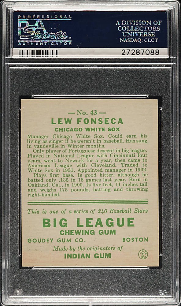 1933 R319 Goudey #43 Lew Fonseca PSA NM 7