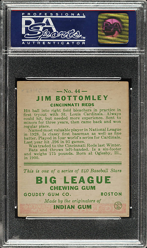 1933 R319 Goudey #44 Jim Bottomley PSA NM-MT 8 - Highest Graded!