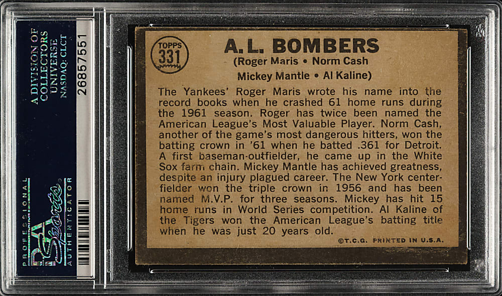 1964 Topps Venezuelan #331 A. L. Bombers with Mantle, Maris, and Kaline PSA VG-EX 4