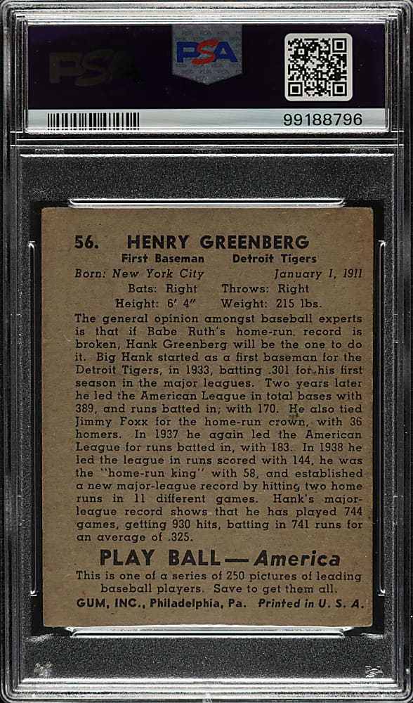 Signed 1939 R334 Play Ball #56 Hank Greenberg PSA VG 3 with GEM MINT 10 Signature