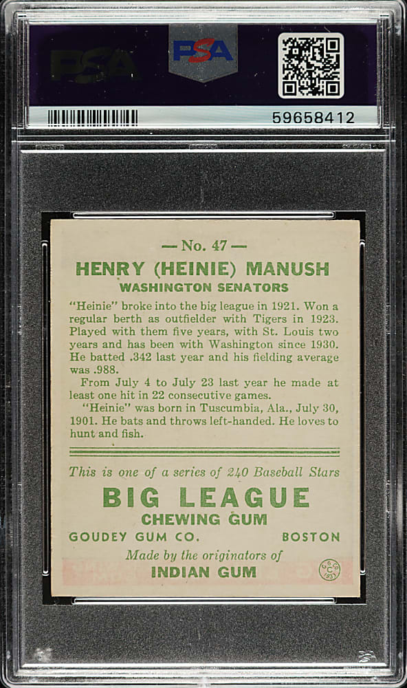 1933 R319 Goudey #47 Heinie Manush PSA NM-MT 8 - Highest Graded!
