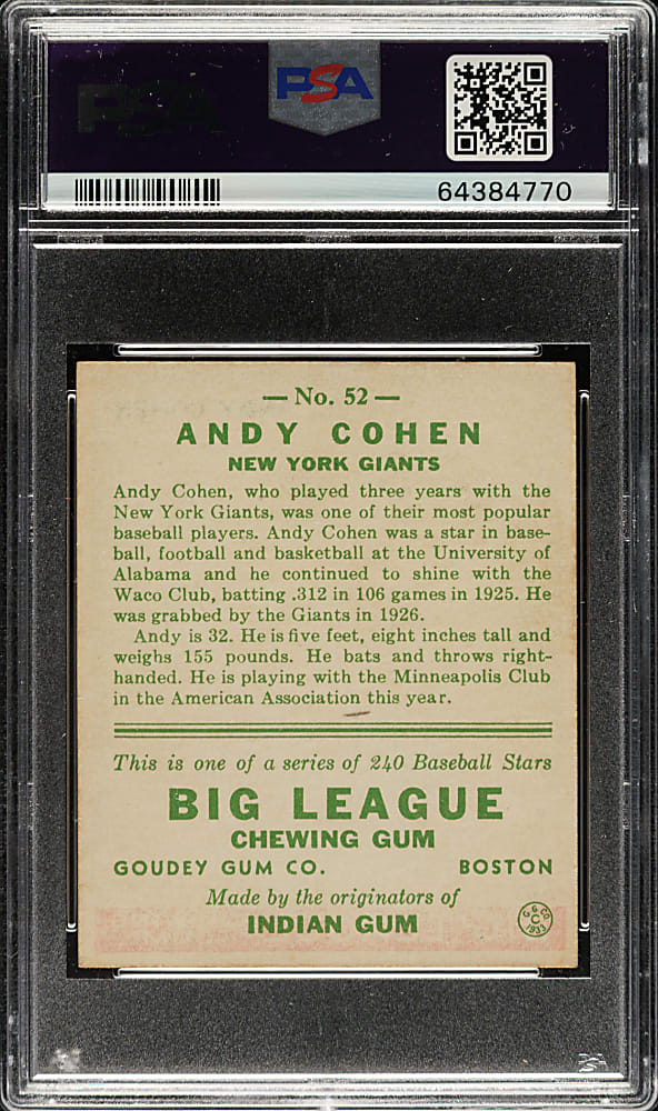 1933 R319 Goudey #52 Andy Cohen PSA EX-MT 6