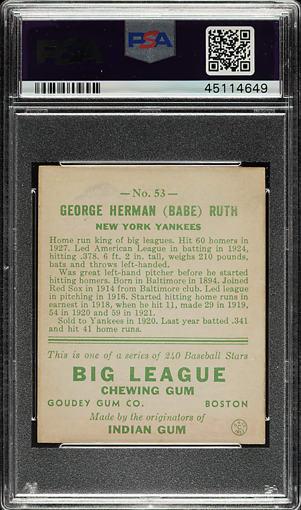 1933 R319 Goudey #53 Babe Ruth PSA EX 5