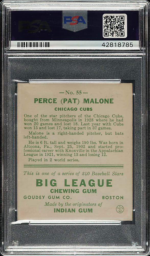 1933 R319 Goudey #55 Pat Malone PSA EX-MT 6