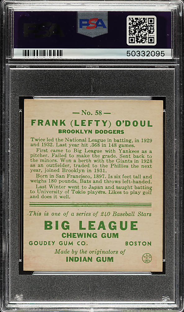 1933 R319 Goudey #58 Lefty O'Doul PSA NM 7