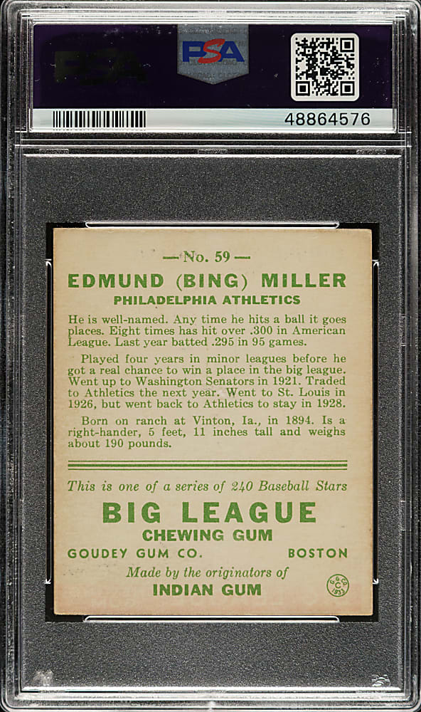 1933 R319 Goudey #59 Bing Miller PSA EX-MT 6