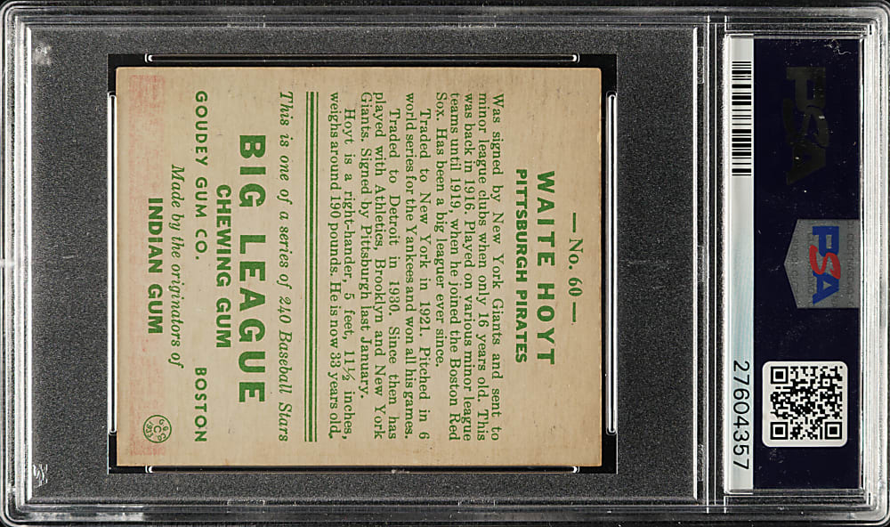 1933 R319 Goudey #60 Waite Hoyt PSA EX-MT 6
