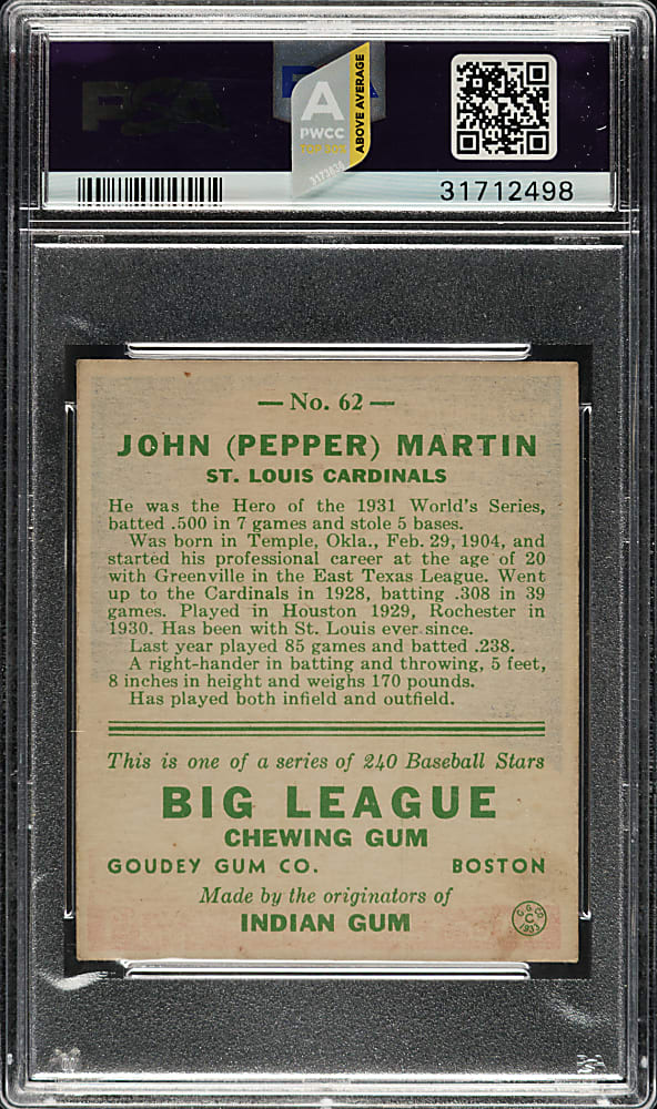 1933 R319 Goudey #62 Pepper Martin PSA NM 7
