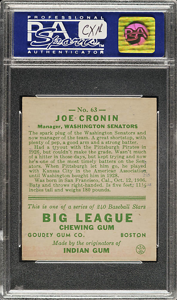 1933 R319 Goudey #63 Joe Cronin PSA NM 7